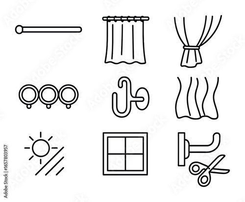Curtain Icon Set. Outline icon set of airy curtain panel patterns: curtain rod, sheer panel, tieback, curtain