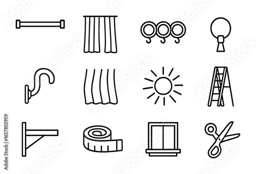 Curtain Icon Set. Outline icon set of open airy curtain looks: curtain rod, sheer panel, curtain rings,