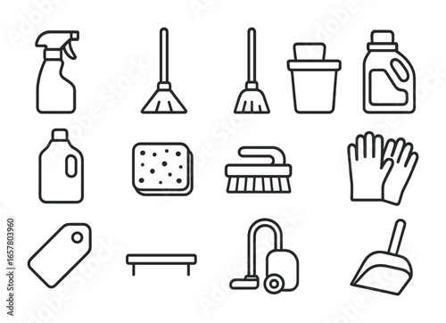 Cleaning Icons Grid. Outline icon set of labeled cleaning product shelves: spray bottle, mop, broom, bucket,