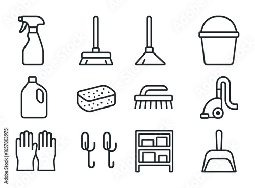 Garage Cleaning Icons. Outline icon set of garage cleaning equipment organization: spray bottle, mop, broom,