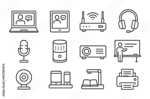 E-Learning Icon Set. Outline icon set of e-learning classroom setups: laptop, tablet, Wi-Fi router, headset,