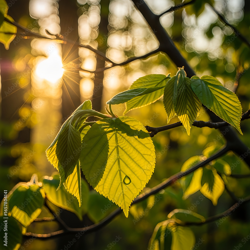 Obraz premium Bright Golden Hour Sunlight Through Forest Leaves