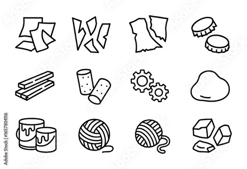 Recycled Art Materials Icons. Outline icon set of recycled art materials: paper scraps, glass shards, fabric