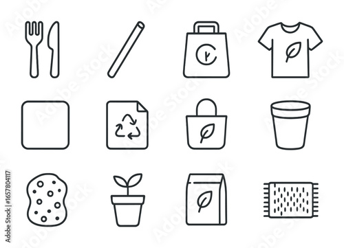 Biodegradable Icon Set. Outline icon set of biodegradable product design: bamboo cutlery, paper straw, compost