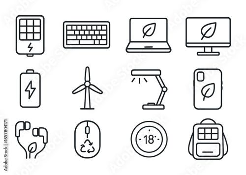 Sustainable Electronics Icons. Outline icon set of sustainable electronics: solar charger, bamboo keyboard,
