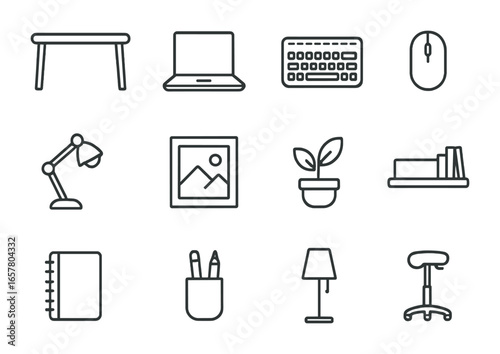 Minimalist Office Icons. Outline icon set of minimalist home office design: clean desk, slim laptop, wireless