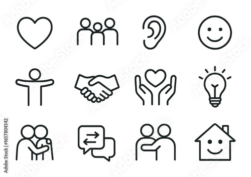 Empathetic Family Icons. Outline icon set of family conversations with empathy: heart icon, family group,
