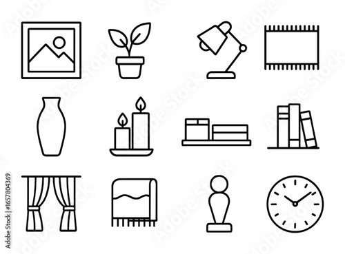 Home Office Decor Icons. Outline icon set of home office décor: framed artwork, desk plant, lamp, rug, vase,
