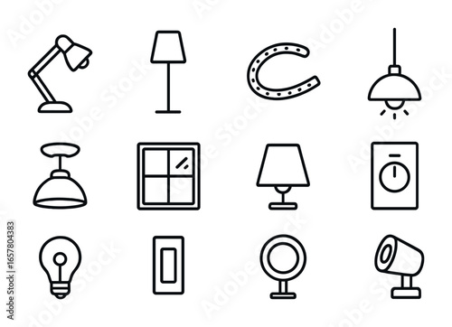 Home Office Lighting Icons. Outline icon set of home office lighting: desk lamp, floor lamp, LED strip,