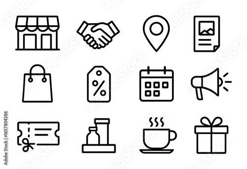 Local Business Icons. Outline icon set of local business collaborations: storefront, handshake, map pin, flyer