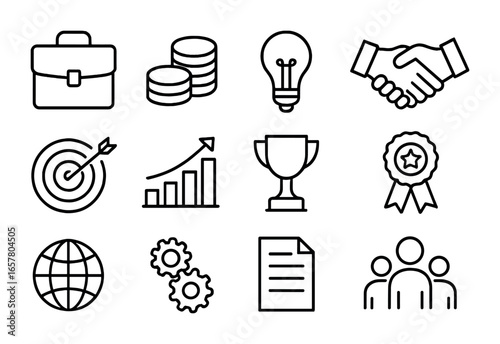 Business Achievement Icons. Outline icon set of small business achievements: briefcase, coins, lightbulb,