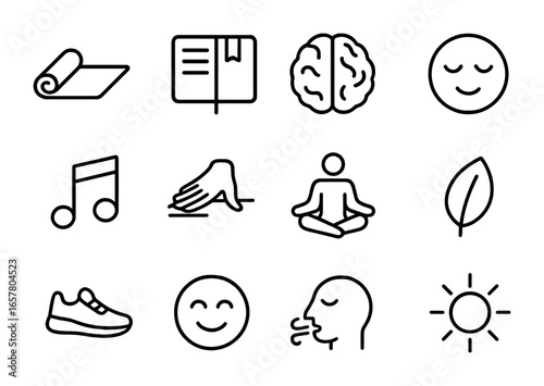 Stress Management Icons. Outline icon set of stress management tools: yoga mat, journal, brain, calm face,