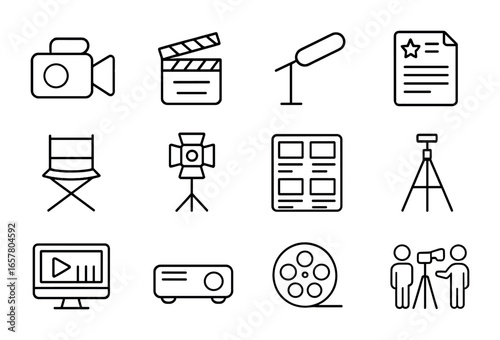 Filmmaking Icon Set. Outline icon set of filmmaking collaboration: camera, clapboard, boom mic, script,