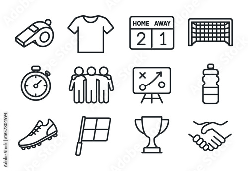 Sports Team Icons. Outline icon set of sports team cooperation: whistle, jersey, scoreboard, goalpost,