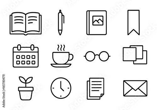 Memoir Icon Set. Outline icon set of memoir writing: open book, pen, photo album, bookmark, calendar, tea cup,