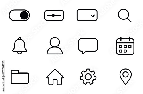 Hybrid UI Icon Set. Outline icon set of hybrid UI elements: toggle switch, slider bar, dropdown menu, search