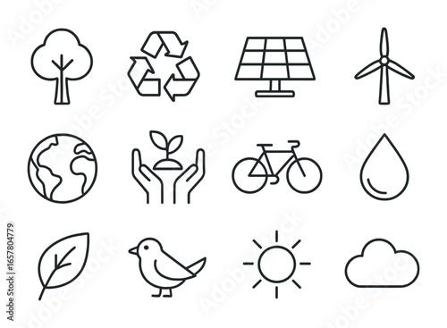 Environmental Icons Collection. Outline icon set of environmental inclusion: tree, recycling sign, solar panel