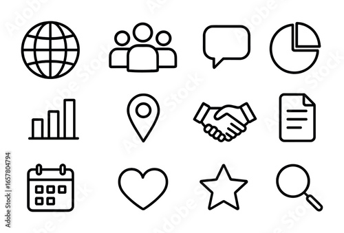 Cultural Audience Icons. Outline icon set of cultural audience studies: globe, group of people, speech bubble,
