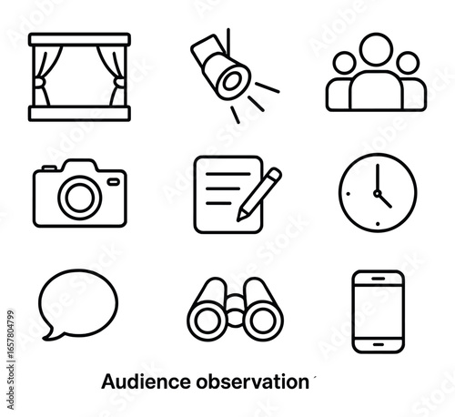 Event Observation Icons. Outline icon set of event audience observation: stage, spotlight, group of people,