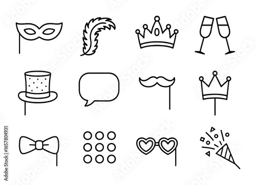 Festive Photo Booth Props. Outline icon set of festive photo booth props: masquerade masks, feather boas,