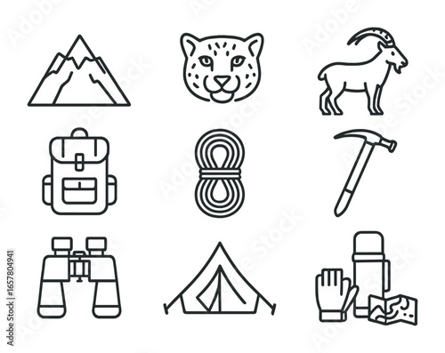 Mountain Adventure Icons. Outline icon set of mountain wildlife expeditions: mountain peak, snow leopard, goat