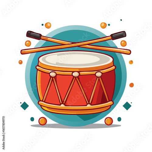 Cartoon Red Drum With Crossed Drumsticks Against Teal Circle And Decorative Shapes Illustration
