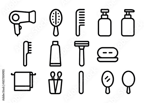 Bathroom Essentials Icons. Outline icon set of bathroom pegboard: hairdryer, hairbrush, comb, lotion bottle,