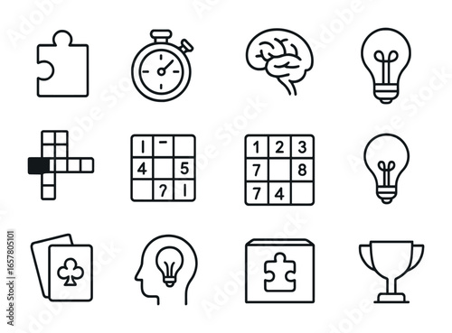 Puzzle Icon Set. Outline icon set of puzzle gaming: jigsaw piece, timer, brain icon, lightbulb, crossword,