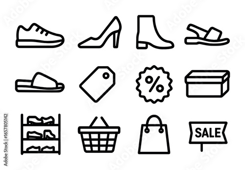 Clearance Shoe Icons. Outline icon set of clearance shoe section: sneaker, high heel, boot, sandal, slipper,