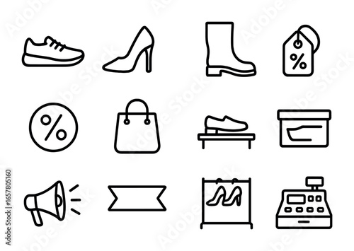 Shoe Sale Icon Set. Outline icon set of shoe sale promotion: sneaker, high heel, boot, price tag, percentage