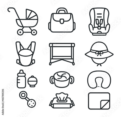 Baby Travel Essentials. Outline icon set of baby travel gear: stroller, diaper bag, car seat, baby carrier,