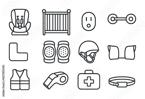 Children's Safety Icons. Outline icon set of safety for children: car seat, safety gate, outlet cover, cabinet