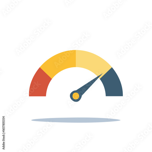 Stylized Gauge Meter Illustration with Red, Yellow and Blue Segments and Needle Showing Performance