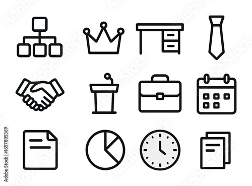 Office Icons Grid. Outline icon set of office hierarchy: org chart, crown, desk, tie, handshake, podium,