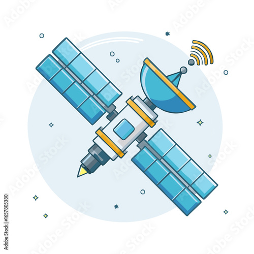 Illustration of Space Satellite with Solar Panels and Antenna Technology
