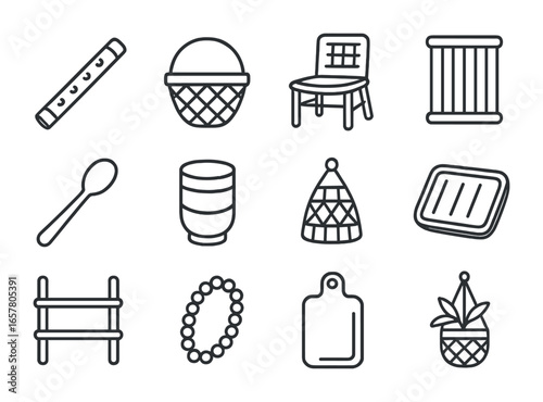 Bamboo Crafts Icons. Outline icon set of bamboo crafts: bamboo flute, basket, chair, mat, spoon, cup, lamp,