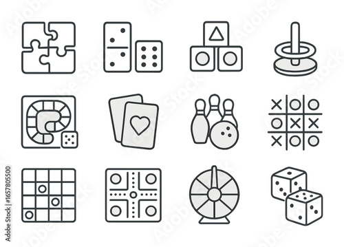 Children's Game Icons. Outline icon set of cooperative games for children: puzzle pieces, dominoes, building