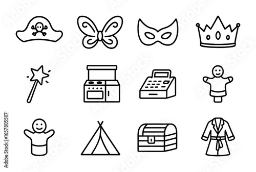 Imaginative Play Icons. Outline icon set of imaginative play for children: pirate hat, fairy wings, superhero