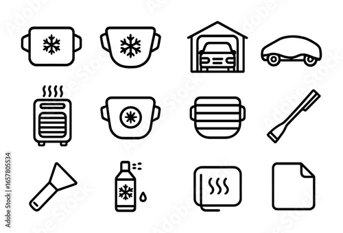 Vehicle Frost Protection Icons. Outline icon set of vehicle frost protection: windshield cover, frost guard,
