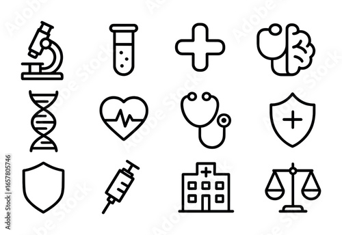 Medical Ethics Icons. Outline icon set of medical research ethics: microscope, test tube, medical cross,
