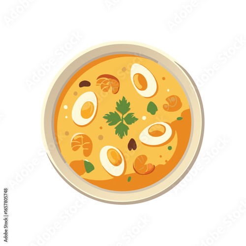 Delicious Shrimp Egg Soup Illustration in Bowl with Parsley Garnish From Above, Food Illustration
