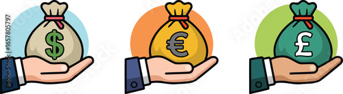 Collection of hands holding money bags with dollar euro and pound symbols for finance vector art