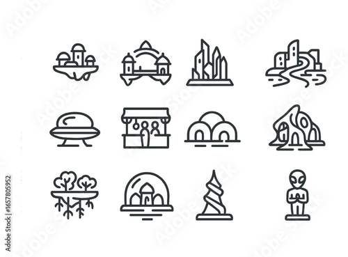 Alien City Icons. Outline icon set of alien cities: floating platforms, energy bridges, crystalline