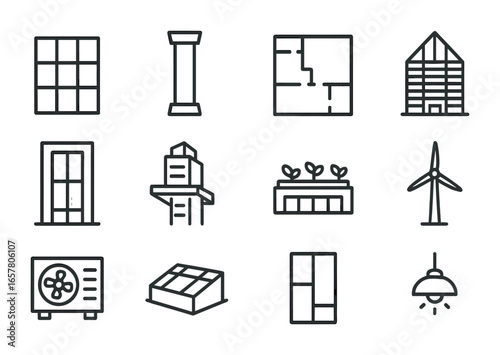 Skyscraper Icon Set. Outline icon set of skyscraper architecture: glass curtain wall, structural column, floor