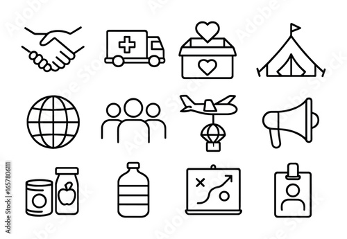 Humanitarian Aid Icons. Outline icon set of humanitarian aid coordination: handshake, supply truck, donation