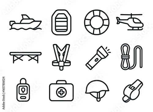 Search and Rescue Icons. Outline icon set of search and rescue operations: rescue boat, inflatable raft, life