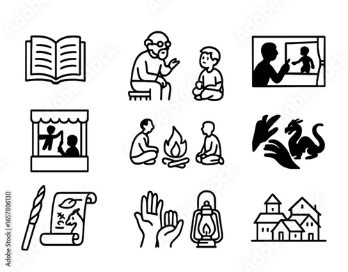 Storytelling Icon Set. Outline icon set of storytelling moments: open book, elder storyteller, child listening