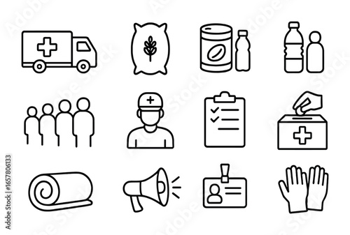 Humanitarian Aid Icons. Outline icon set of humanitarian aid distribution: relief truck, rice bag, canned food