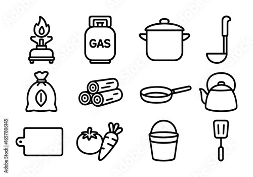 Camping Cooking Icons. Outline icon set of cooking facilities in camps: outdoor stove, propane tank, cooking