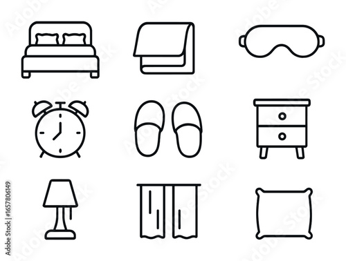 Weekend Nap Icons. Outline icon set of weekend nap time: bed, pillow, blanket, eye mask, alarm clock, slippers
